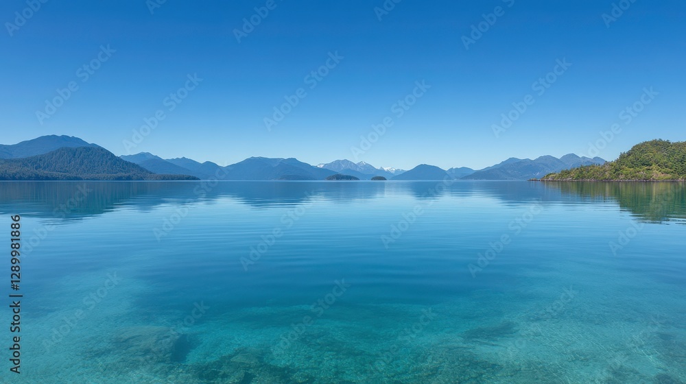 Tranquil Lagoon with Distant Islands and Blue Sky