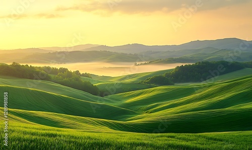 Serene landscape of rolling green hills under a golden sunrise with mist in the valleys.
