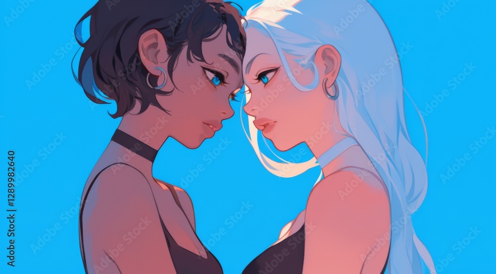 Two best friends talking, one with black hair and the other with white hair, against a blue background.
Two best friends talking, one with black hair and the other with white hair, against a blue background.