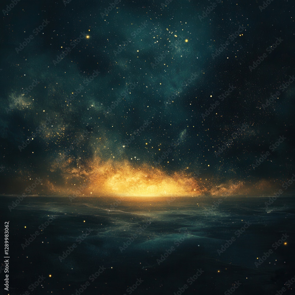 Fototapeta premium Dramatic Night Sky with Stars and Golden Nebula Over Dark Water, Abstract Cosmic Landscape