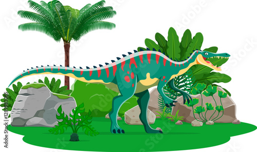 Extinct Suchomimus dinosaur cartoon character. Extinct reptile, prehistoric animal or paleontology lizard comical isolated vector character. Jurassic era dinosaur cheerful personage or happy mascot