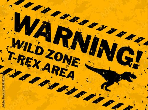 Dinosaur zone warning grunge sign board. Vector cautionary banner featuring roar t rex dino silhouette in black and yellow, warns viewers of the potential danger with a bold text Warning, trex area