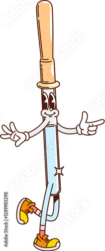 Cartoon groovy pipette medicine and health character struts confidently in sneakers evokes a sense of wellness and positivity. Vector medical tool personage with cheerful face, flashing finger guns