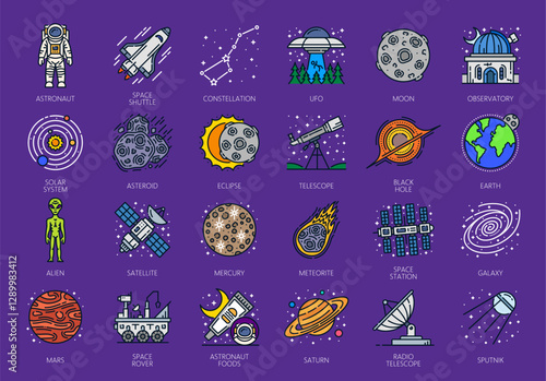 Color line galaxy space icons. Vector astronaut, space shuttle, constellation, ufo, moon and observatory. Solar system, asteroid, eclipse, telescope, black hole and Earth, alien, satellite and galaxy