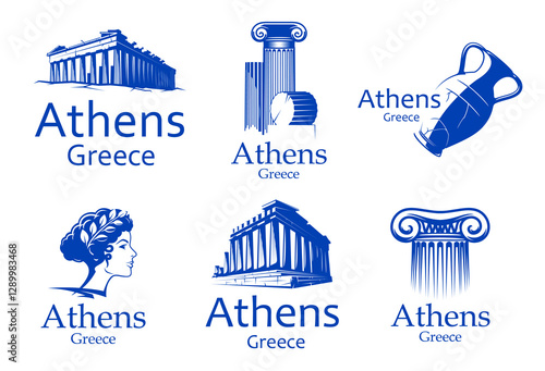 Athens and Greece icons of Greek landmarks and ancient architecture, vector symbols. Greece travel icons of pantheon building and temple columns, Greek Athena goddess and museum ancient pottery vase