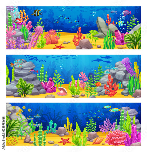 Underwater landscape game banners. Sea life flora and fauna cartoon vector horizontal banners. Aquatic nature background and underwater wildlife backdrop with fish school, coral reef seaweed and algae