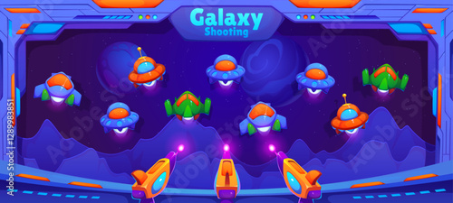 Carnival shoot game, galaxy battle shooting range in amusement park with cartoon space guns and UFO spaceships. Vector carnival shoot game with alien starship targets on galaxy space background