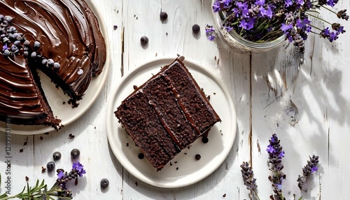 A piece of cake on a white wooden background, next to flowers, top view 
