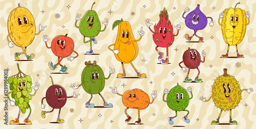 Cartoon retro groovy fruit characters with funny faces, vector comic emoji. Groovy melon with cute smile and funky papaya with tongue out silly emotion, durian and psychedelic lychee fruit character