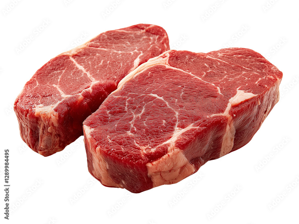 Realistic photograph of two beef steaks on a solid, stark transparent background PNG Realistic photograph of two beef steaks on a solid, stark transparent background PNG
