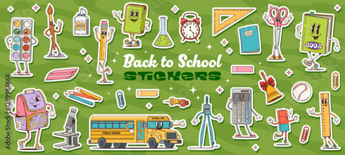 Groovy school education characters stickers pack. Retro hippie back to school stationery and supplies vector personages. Cartoon groovy book, pencils, ruler and scissors, paint, student bag and bus