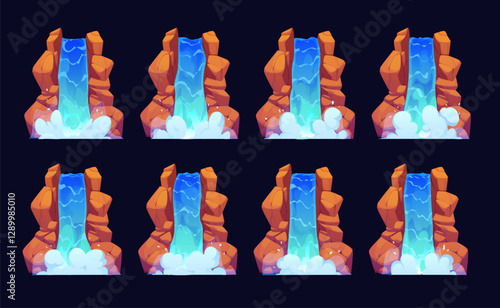 Waterfall cascade sprite sheet animation of water flow from mountain rock, vector game UI. Cartoon waterfall or water cascade of river stream falling from rock cliff for game sprite sheet animation