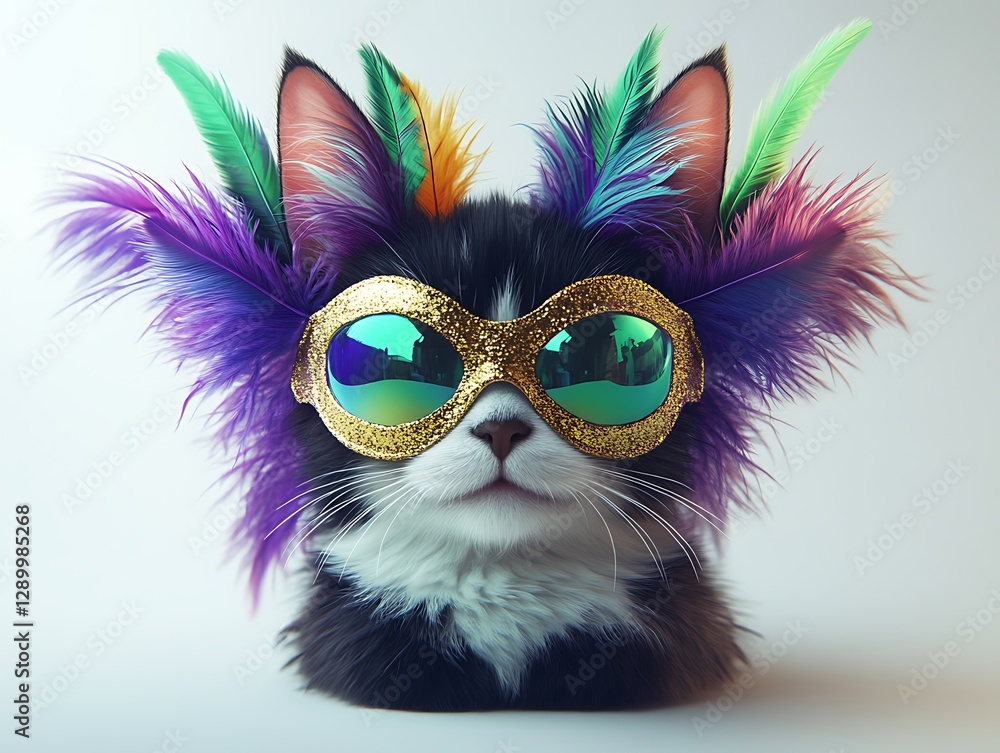 Fototapeta premium Playful cat in colorful feather goggles indoor photo fun close-up