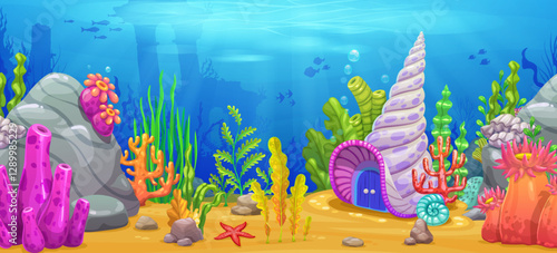 Sea shell house at underwater landscape, cartoon game background. Magic underwater world cartoon vector game background with fairy creature conch shell house, seaweed and ancient ruins on ocean bottom