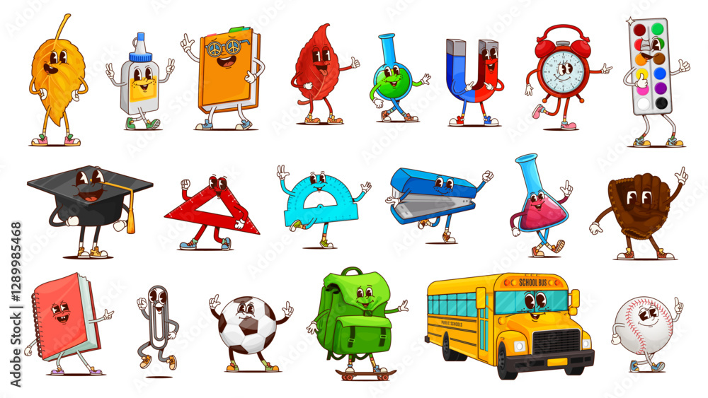 Fototapeta premium School and education groovy characters of cartoon funny school supplies and stationery. Retro hippie student book, bag, rulers and paint vector personages. Happy groovy graduation hat, ball, tube, bus