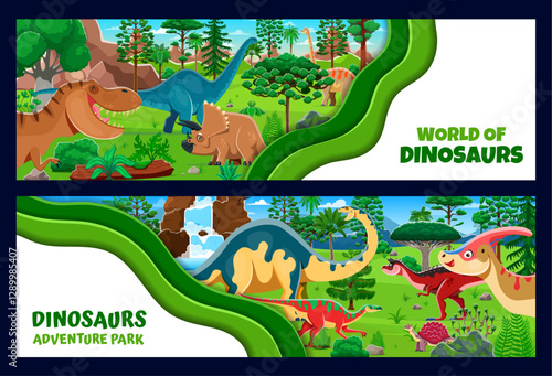 Dinosaurs park paper cut banners. Paleontology dino park vector papercut banner with brontosaurus, triceratops, tyrannosaur, brachiosaurus and melanorosaurus, carnotaurus, anatotitan characters