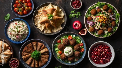 Wallpaper Mural Assorted Middle Eastern and Arabic Dishes Flat Lay Presentation on a Dark Rustic Background Featuring Falafel Pita Bread Rice and Pomegranate Seeds Torontodigital.ca