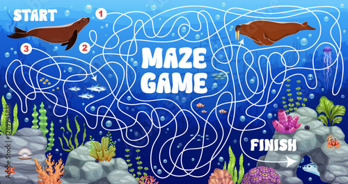 Labyrinth maze game with underwater sea animals. find way kids vector playing activity worksheet, labyrinth maze or riddle with ocean animals and seaweeds, seals and walrus swimming underwater