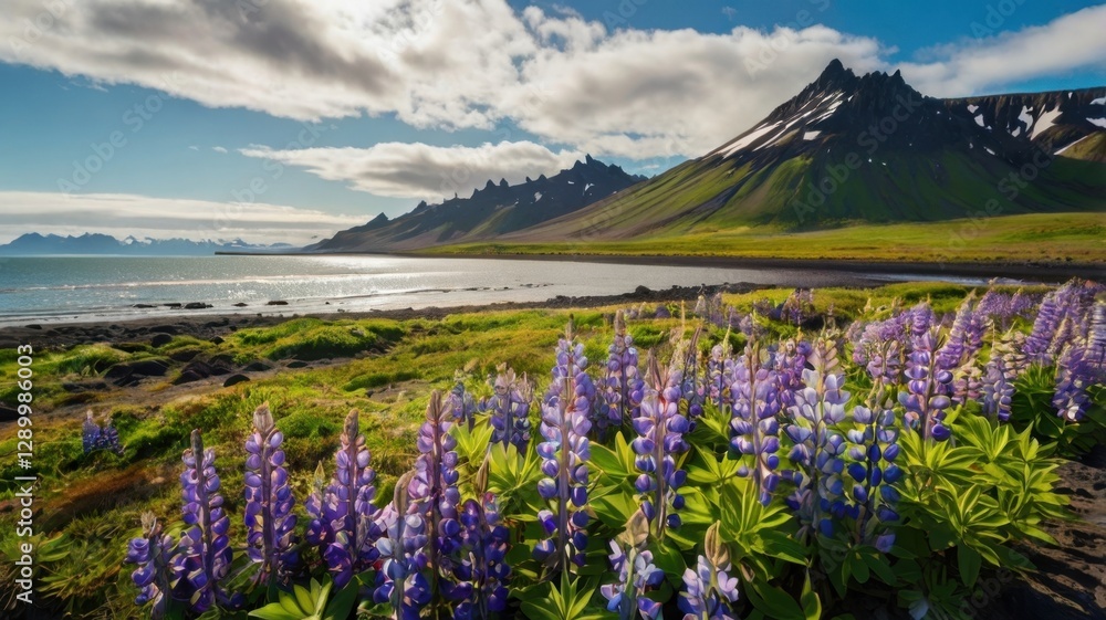 Fototapeta premium Beautiful Landscape of Lupine Flowers on Stony Coastline with Dramatic Mountains Blue Sky and White Clouds on Sunny Day