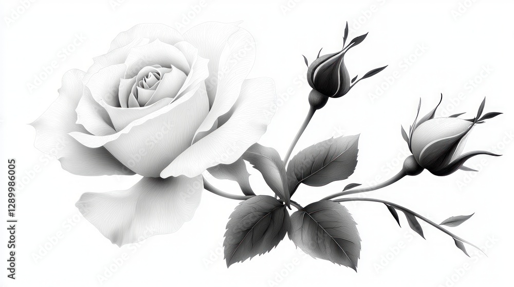 Obraz premium Monochrome Rose Illustration Elegant Botanical Art Print Floral Design Grey Scale Roseb