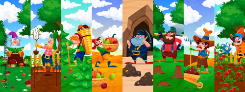 Cartoon dwarf, elf and gnome characters collage of funny miner, farmer, gardener and lumberjack vector personages. Funny fairytale gnomes characters with axe, wheelbarrow, pickaxe and watering pin