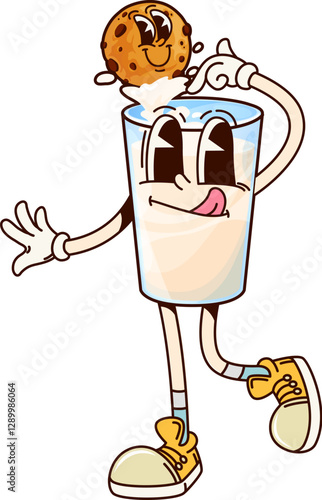 Groovy breakfast milk and cookie character. Isolated cartoon vector glass of milk holding chocolate chip cookie. Funky drink and pastry retro personages with joyful face expressions and playful vibes