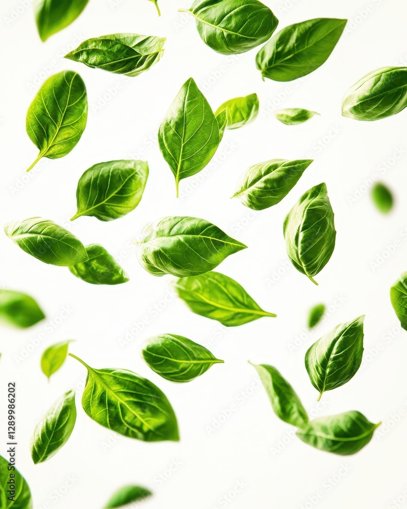 Fresh and Vibrant Green Basil Leaves Falling Against a Light Background, Perfect for Culinary and Natural Themes in Food Photography Fresh and Vibrant Green Basil Leaves Falling Against a Light Background, Perfect for Culinary and Natural Themes in Food Photography
