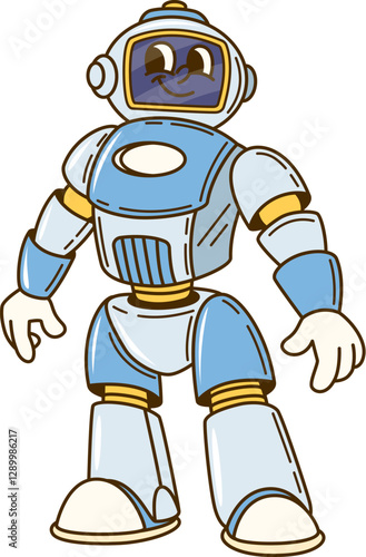 Groovy robot character or retro cartoon transformer droid with funny face, vector comic. Groovy retro robot or space android and cyborg bot with helmet head and display face with happy funny smile