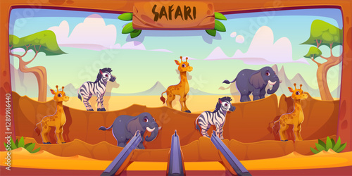 Safari hunting carnival shoot game, shooting range in kids amusement park with cartoon animals on african nature landscape background. Elephant, giraffe, zebra targets with guns, carnival shoot game
