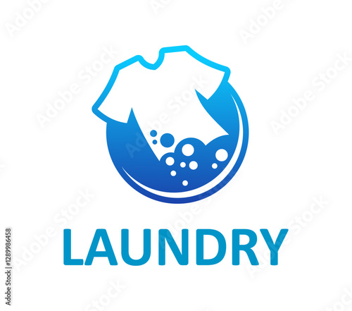 Laundry icon for wash and clothes cleaning service or laundromat, vector emblem. Laundry service symbol of T shirt with detergent bubbles in washing machine for clothing wash and dry cleaning