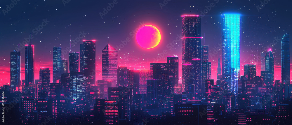 Obraz premium vibrant futuristic cityscape at night with neon lights and glowing moon