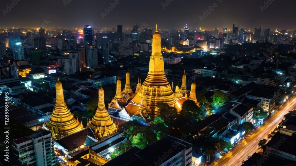 Fototapeta premium Illuminated Wat Arun Temple at Night with Bangkok Cityscape with Golden Light and Urban Landscape in Thailand Southeast Asia