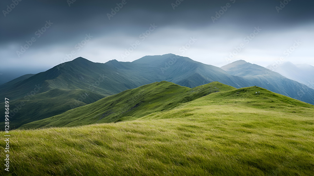 Fototapeta premium Green Hills and Overcast Sky Mountain Landscape