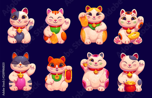 Cartoon lucky japanese maneki neko cats characters, money and fortune vector symbols. Cute kawaii maneki neko with koban coin, fish or gold pot waving paw. Oriental traditional white cat talismans