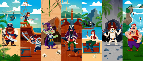 Cartoon pirate and corsair characters collage, vector Halloween holiday and piracy. Funny captain, sailor and skipper of pirate ship, witch corsair and mummy filibuster characters with hats and guns