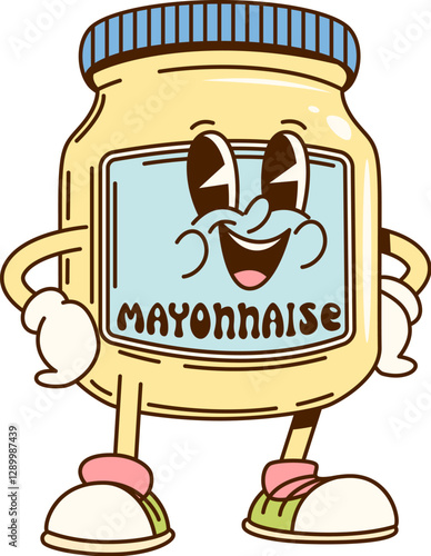 Cartoon groovy mayonnaise sauce character in glass jar with funny face, vector comic emoji. Groovy mayonnaise sauce character with happy smile or laughing for fast food sauce in retro cartoon
