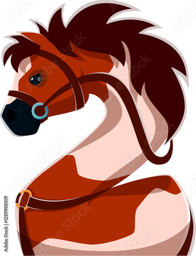 Number two as a horse head with bridle and flowing mane, math 2 symbol. Isolated vector cowboy font, wild west typeface, western type, sheriff English alphabet for equestrian, farm or kids education
