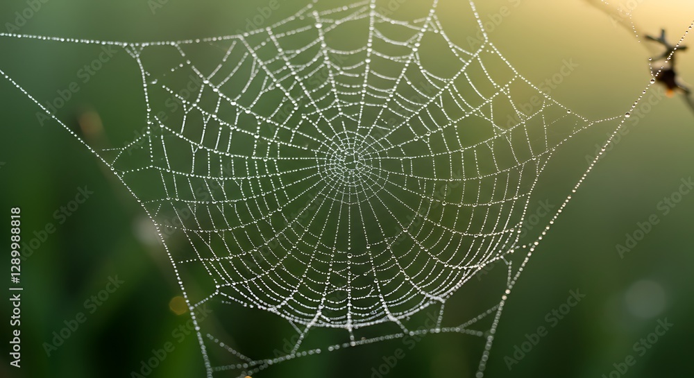 Spiderweb Covered in Dew Drops Shines in the Morning Sunlight Spiderweb Covered in Dew Drops Shines in the Morning Sunlight