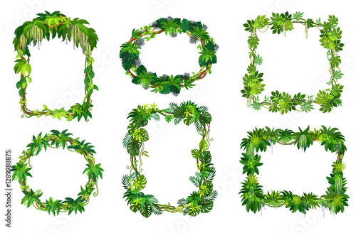 Tropical jungle frames of forest liana branches and leaves or ivy vines, vector borders. Cartoon tropical liana frames of rainforest creeping plants, jungle bindweed tree tendrils and monstera leaves