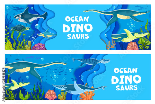 Underwater prehistoric dinosaurs and reptiles banners with vector paper cut sea water. Prehistoric sea dinosaurs and ocean marine reptiles for kids dino world atlas or paleontology museum banners