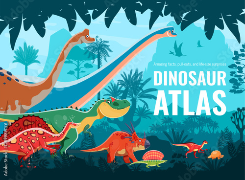 Prehistoric dinosaur character atlas book cover with jurassic era dino animals and jungle landscape vector background. Cartoon allosaurus, styracosaurus and edaphosaurus dinosaur characters