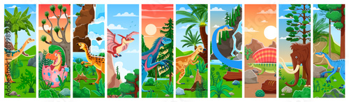 Prehistoric dinosaurs and reptiles collage, vector dino animals characters. Cartoon jurassic dinosaurs and baby dino in egg, ancient jungle forest, desert and waterfall nature landscapes collage
