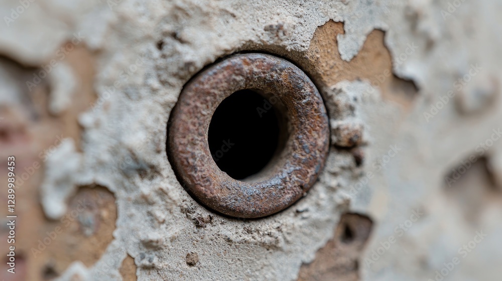 Rusty metal circle hole in weathered wall Rusty metal circle hole in weathered wall