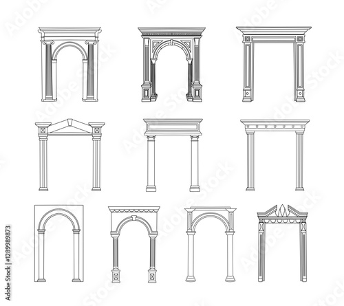 Set of Neoclassical Architecture Arch Line Art