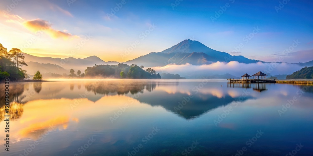 Fototapeta premium Serene lake scene at dawn in Bali Indonesia with misty mountains reflecting perfectly on calm waters, dawn, mountains, dawn, mountains