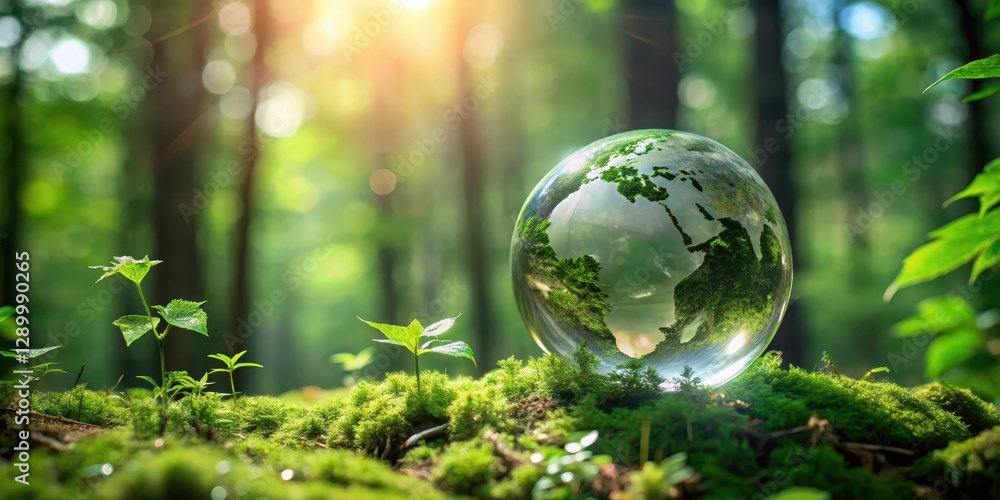 Earth crystal glass globe blending in with green leaves in a forest, greenery, foliage, greenery Earth crystal glass globe blending in with green leaves in a forest, greenery, foliage, greenery