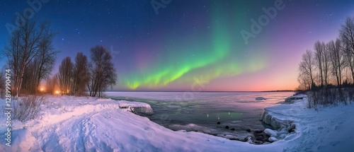 Spectacular Aurora Borealis over Frozen Lake Superior at Dusk, Michigan, USA.
