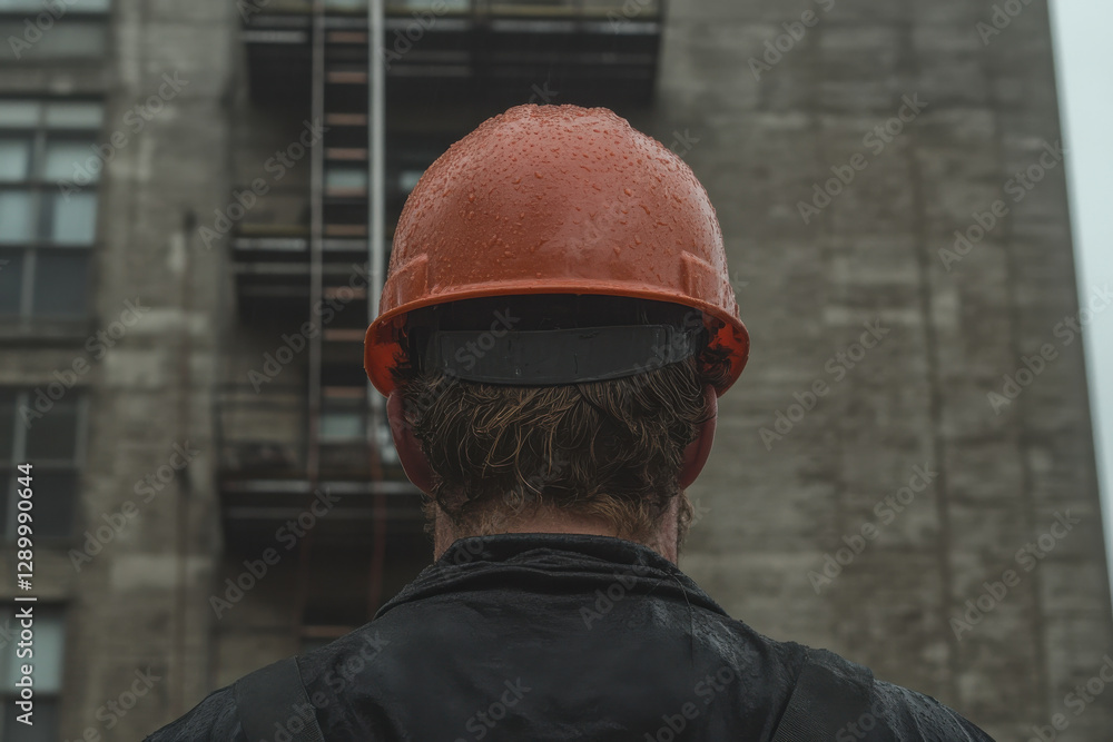 Obraz premium A man wearing a red hard hat is standing in front of a building