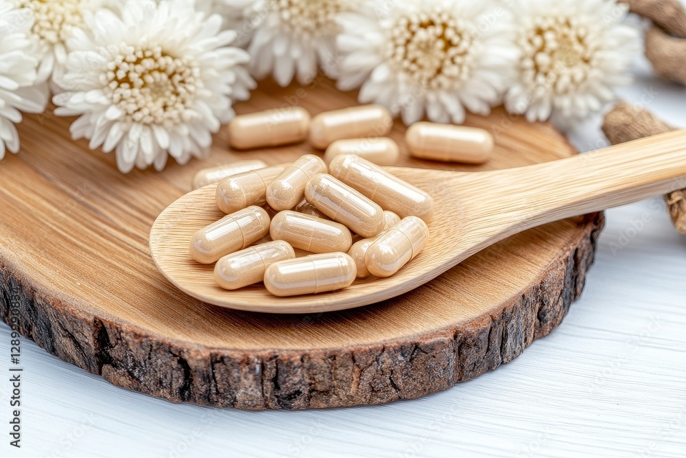 Explore the power of natural supplements with this captivating image showcasing capsules on a wooden spoon, surrounded by delicate white flowers, emphasizing wellness and holistic health practices Explore the power of natural supplements with this captivating image showcasing capsules on a wooden spoon, surrounded by delicate white flowers, emphasizing wellness and holistic health practices