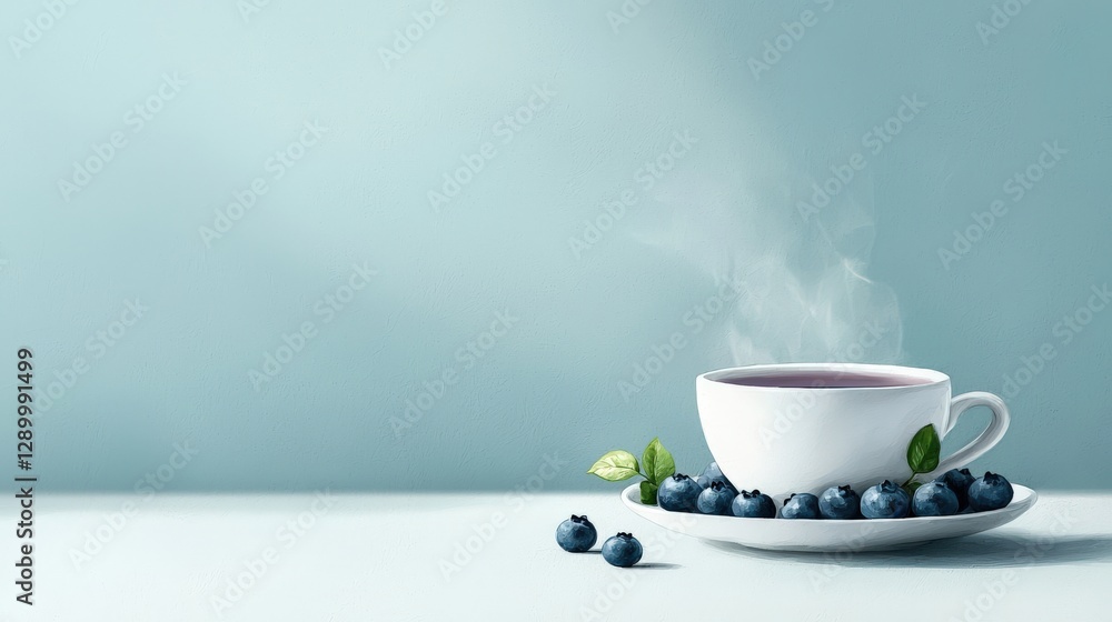 Obraz premium A white cup with steam coming out of it and blueberries on a plate